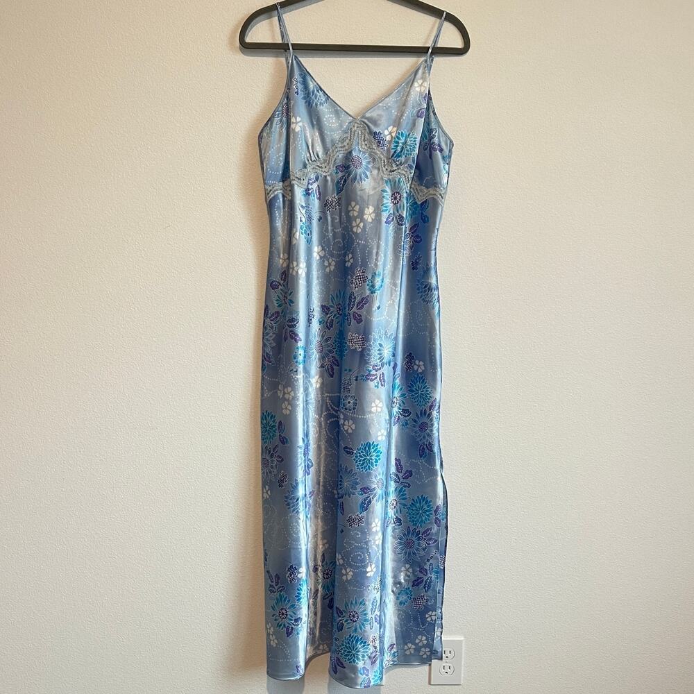 Cato Light Blue Floral Pattern Satin Slip Dress L Y2K Soft Girl Modern Romantic